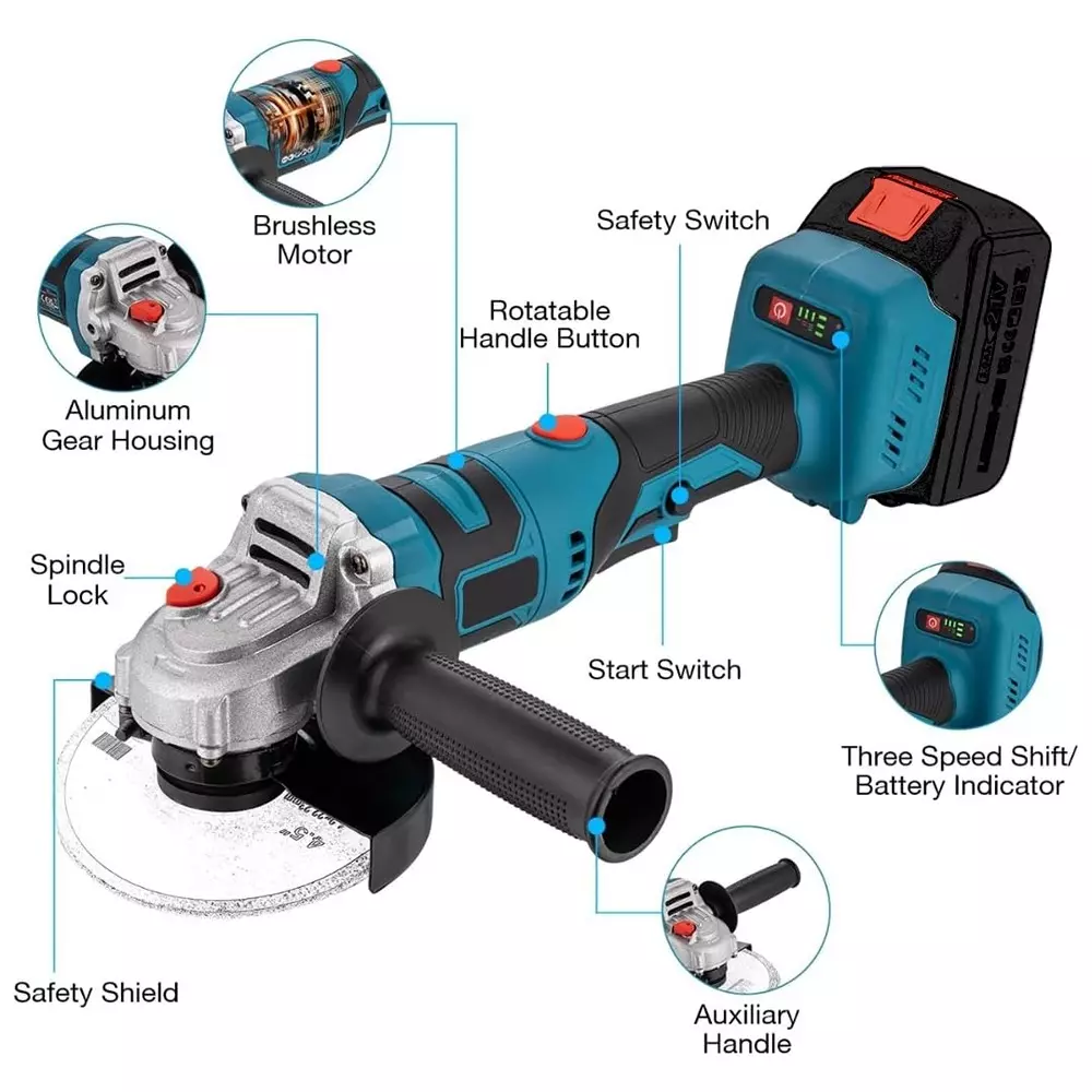 Jawsons Cordless Angle Grinder 21 V Brushless Motor 3-Speed Adjustable Handle with Rechargeable ‎Battery & ‎Battery Charger