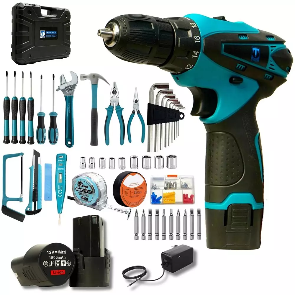 XLNT 12 V Cordless Drill Kit 0-1300 RPM No Load Speed and 10 mm Drill Diameter, THCDK27 (With Battery & Charger)