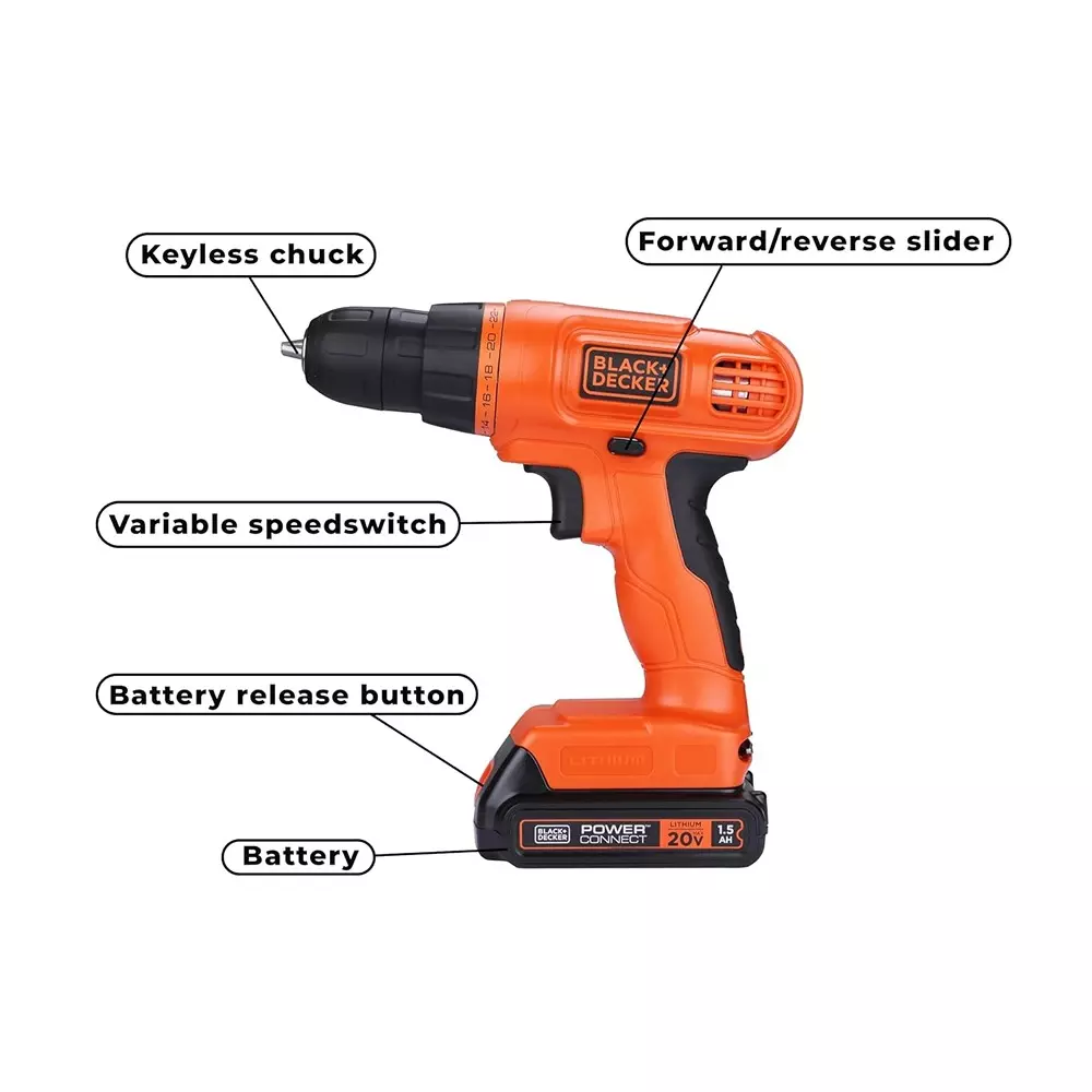 blackdecker-34-pcs-cordless-drill-kit-750-rpm-20-v-li-ion-battery-and-10-mm-chuck-bdcd120va-in-with-battery-charger