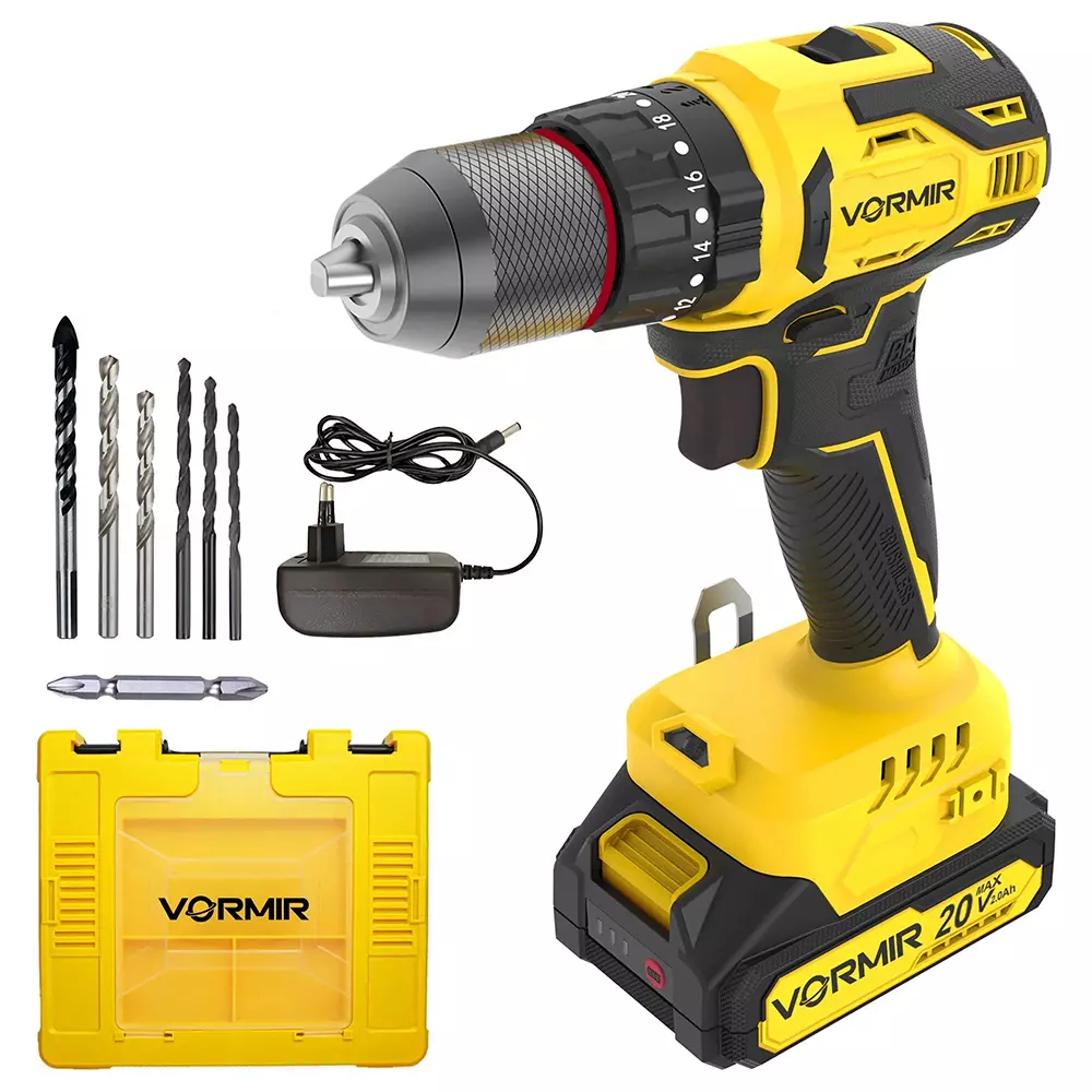 VORMIR Brushless Cordless Impact Drill Machine with Battery & Charger Kit 2 Amp 38 Nm Torque 2 Ah Li-ion Battery 10 mm Drill Chuck Battery Powered, VR BD21-38