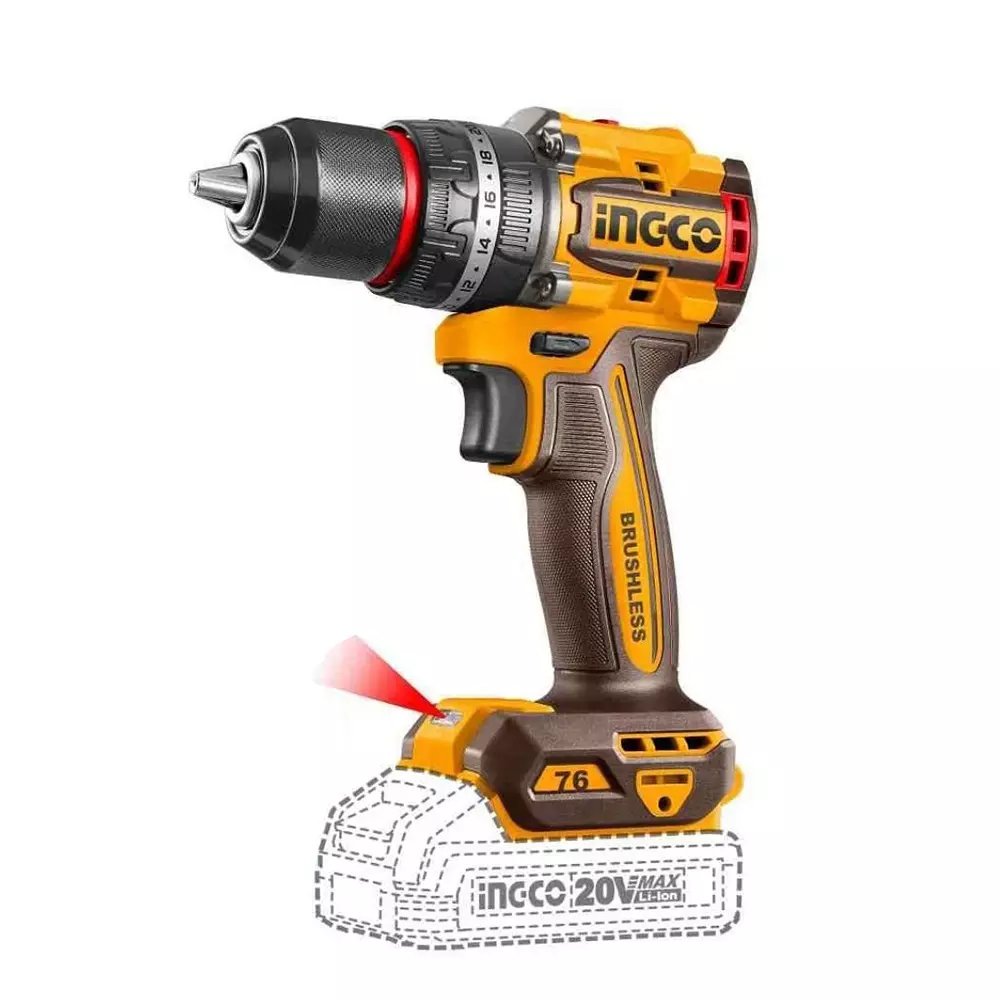 Ingco Cordless Impact Drill 0-500/0-2000 RPM Speed 76 Nm Maximum Torque Brushless Motor 13 mm Chuck, CIDLI207686 (with Battery)
