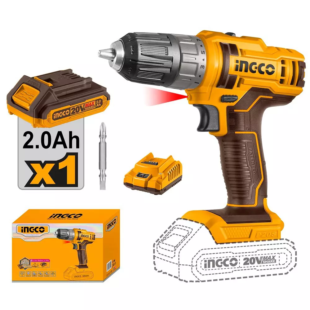 Ingco Cordless Drill 20 V, 10 mm Chuck Size and 1500 RPM No Load Speed, CDLI200518 (With Battery & Charger)