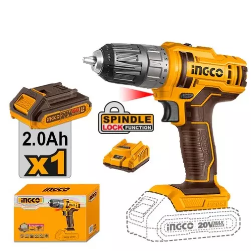 Ingco Cordless Drill 20 V, 10 mm Chuck Size and 1500 RPM No Load Speed, CDLI200518 (With Battery & Charger)