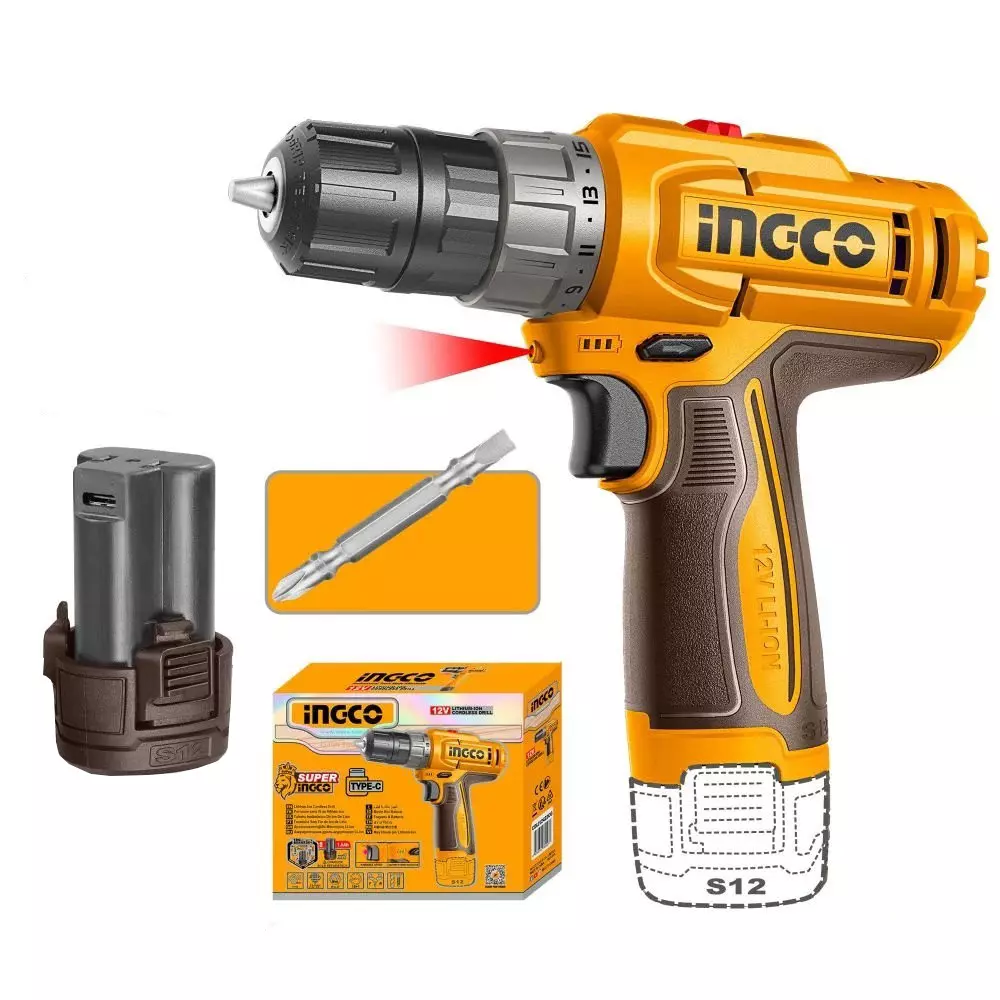 Ingco Cordless Drill 10 mm Chuck Size 12 V and 1500 RPM No Load Speed, CDLI122061 (With Battery, Without Charger)