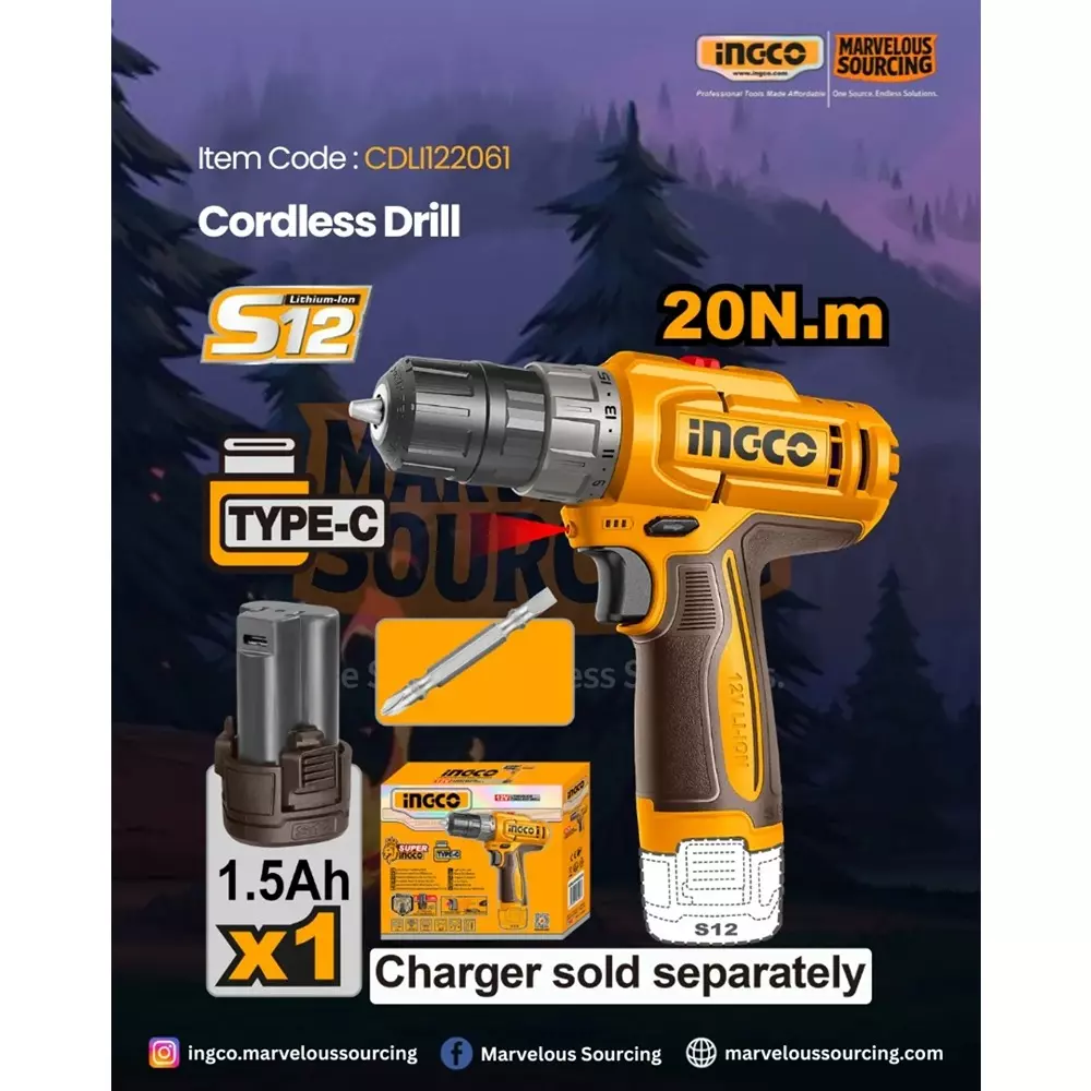 Ingco Cordless Drill 10 mm Chuck Size 12 V and 1500 RPM No Load Speed, CDLI122061 (With Battery, Without Charger)