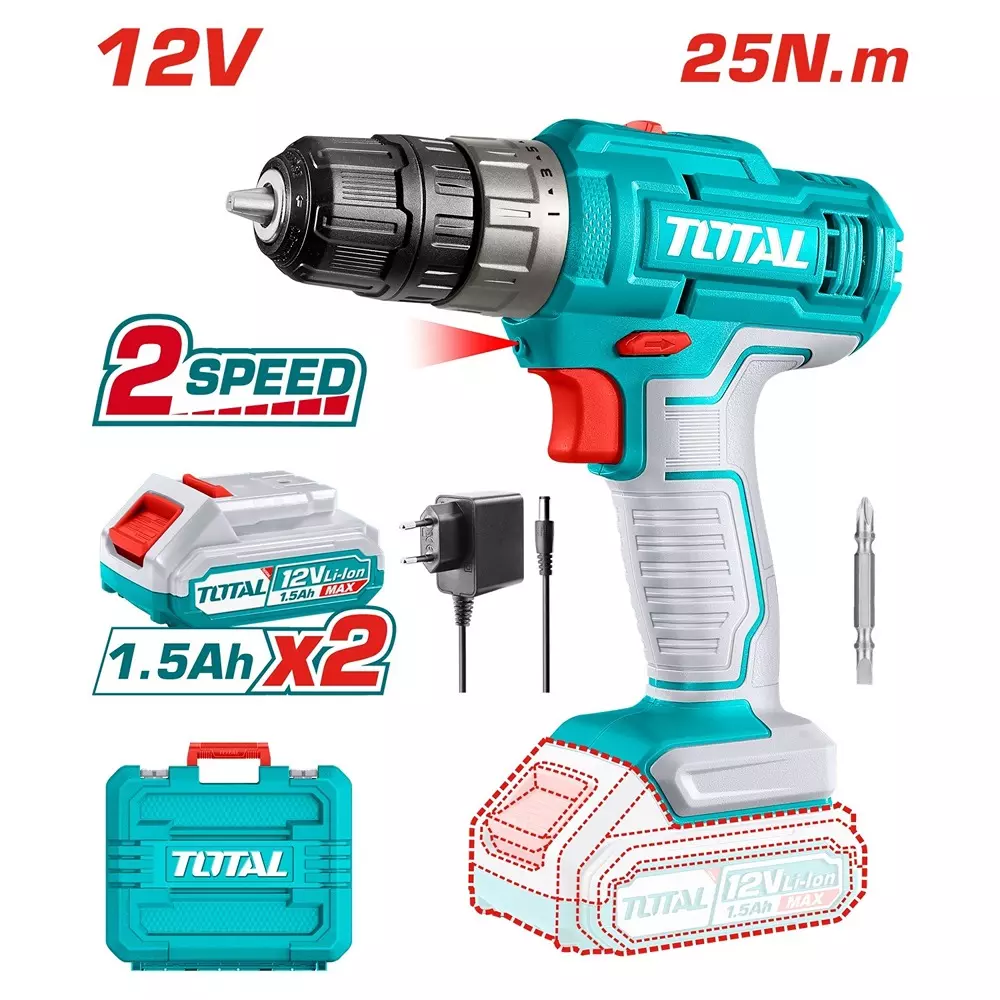 Total Cordless Impact Drill 12 V 0.8–10 mm Chuck Size and 2x1.5 Ah Battery 0-22500 bpm and 25 Nm Torque, TIDLI1228