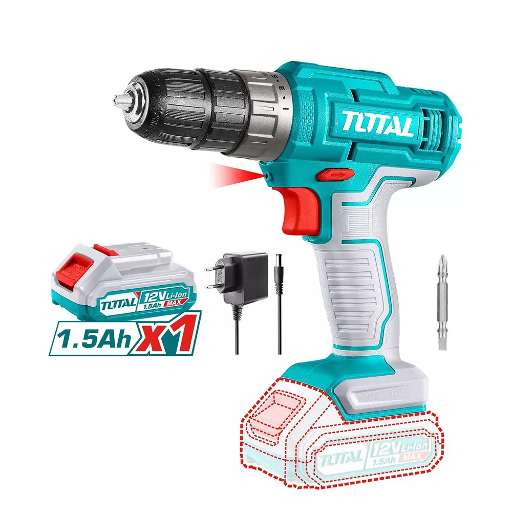 Total Lithium-Ion Cordless Drill with Bit 12 V 0.8–10 mm Chuck and 1.5 Ah Battery 20 Nm Torque 0–750 rpm, TDLI1218