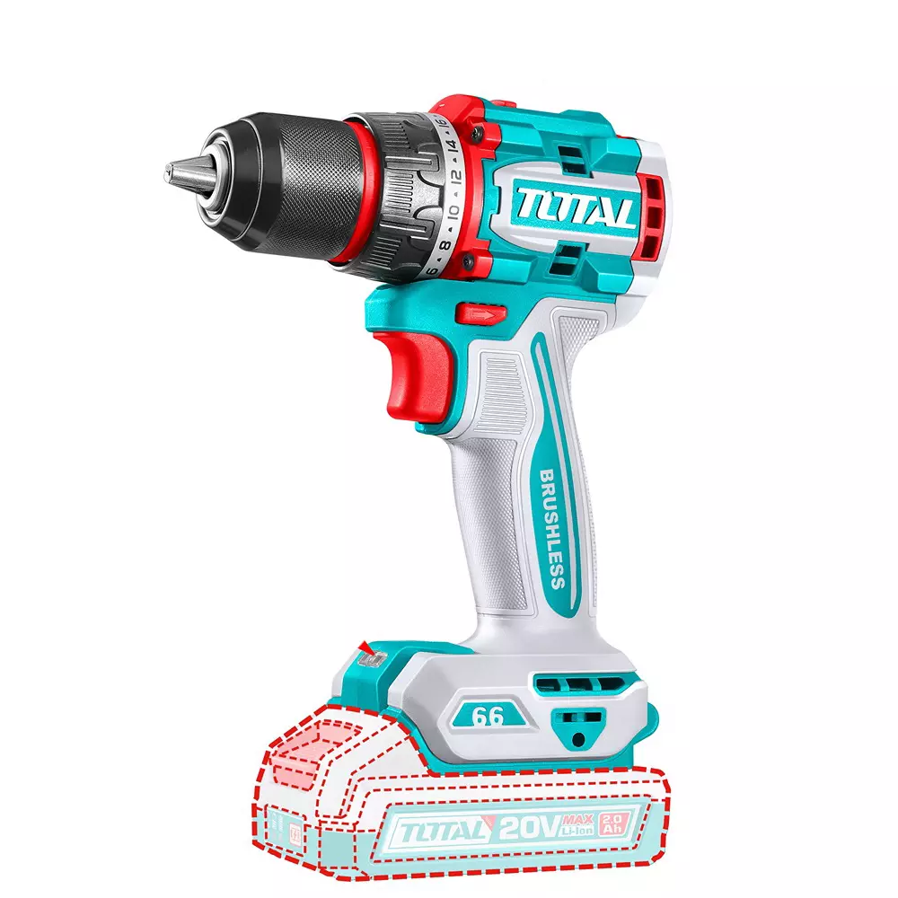 Total Brushless Cordless Drill 20 V 66 Nm 2 Speed 0-2000 RPM 13 mm Metal Chuck Compact, TDLI206681 (Without Battery & Charger)