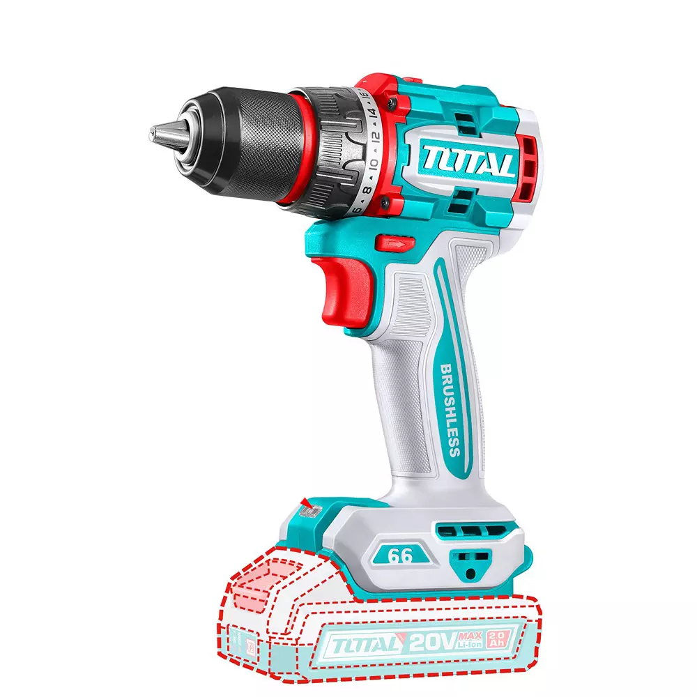 Total Brushless Cordless Drill 20 V 66 Nm 2 Speed 0-2000 RPM 13 mm, TDLI20668 (With Battery & Charger)