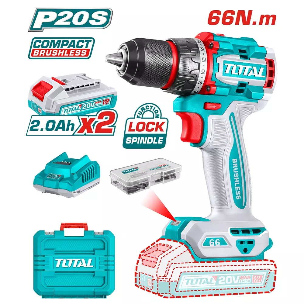 total-brushless-cordless-drill-20-v-66-nm-2-speed-0-2000-rpm-13-mm-tdli20668-with-battery-charger