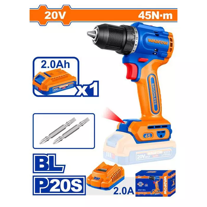 wadfow-cordless-impact-drill-13-mm-chuck-size-0-5000-2000-rpm-no-load-speed-45-nm-torque-201-torque-setting-brushless-motor-wcdp4561