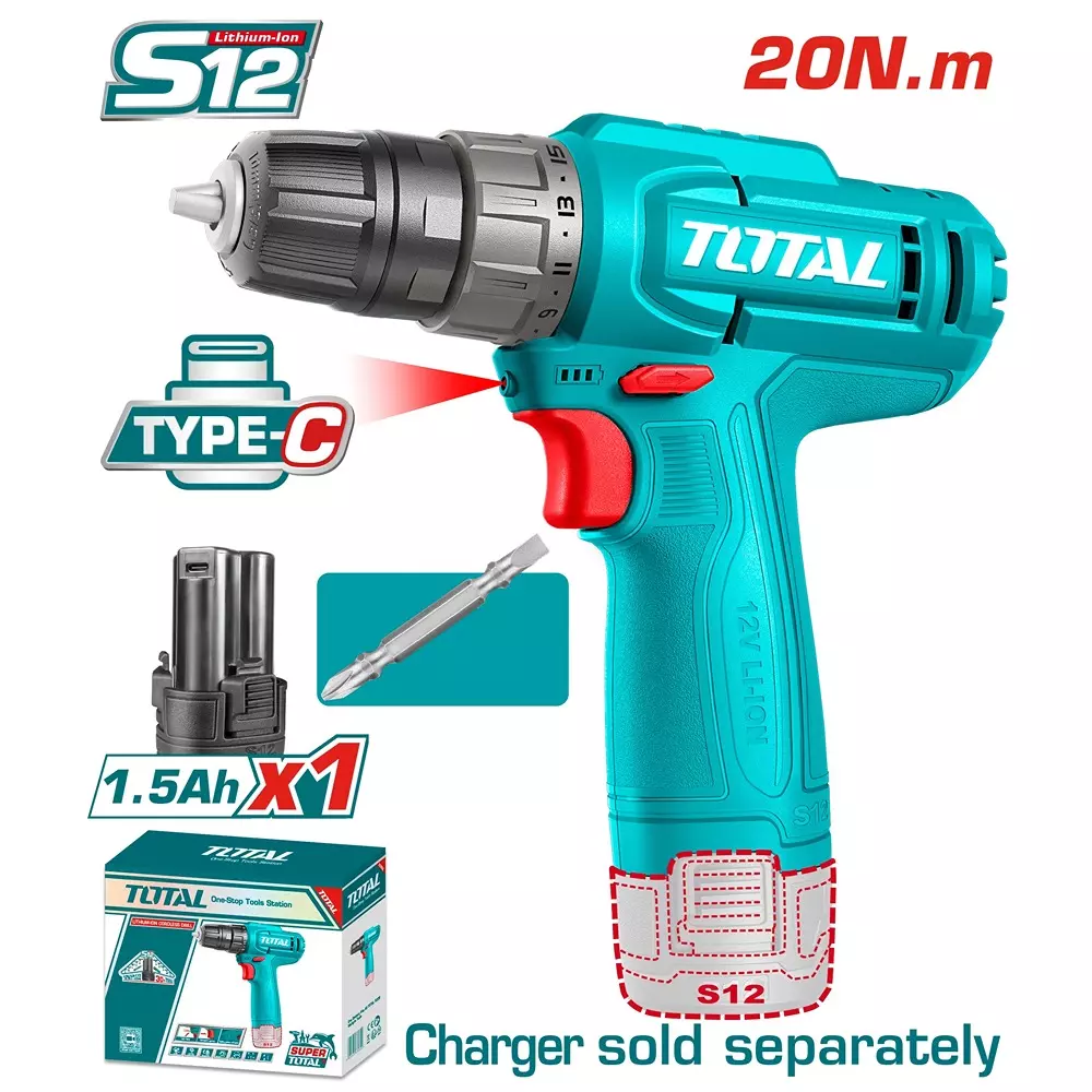 total-cordless-drill-12-v-20-nm-0-750-rpm-10-mm-chuck-with-15ah-battery-usb-type-c-tdli12456-with-battery