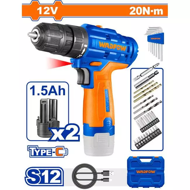 wadfow-cordless-drill-08-mm--10-mm-chuck-size-0-4000-1500-rpm-no-load-speed-15-1-torque-setting-20-nm-max-torque-wcds525