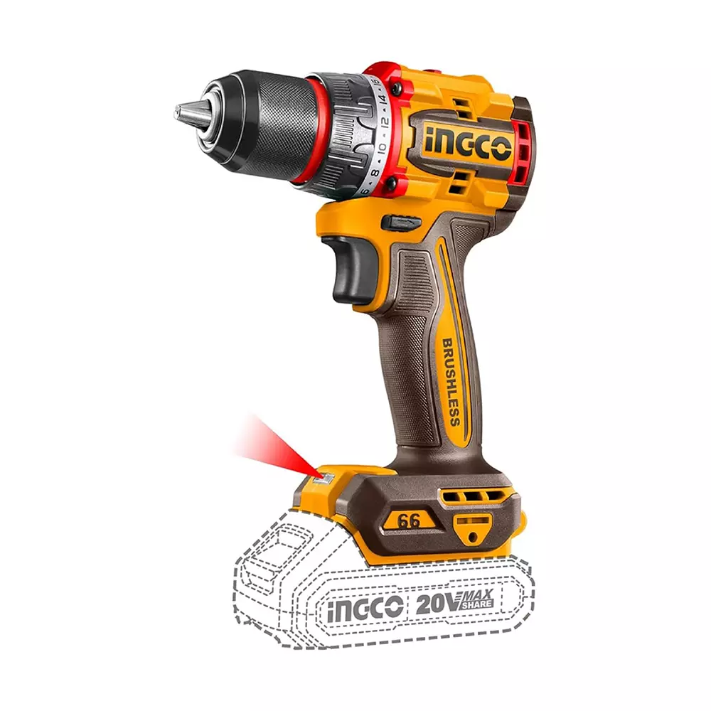 Ingco Cordless Drill with 2 Pcs Cr-V Bits, 13 mm Chuck Size, 20 V and 2000 RPM, CDLI206681 (Without Battery and Charger)