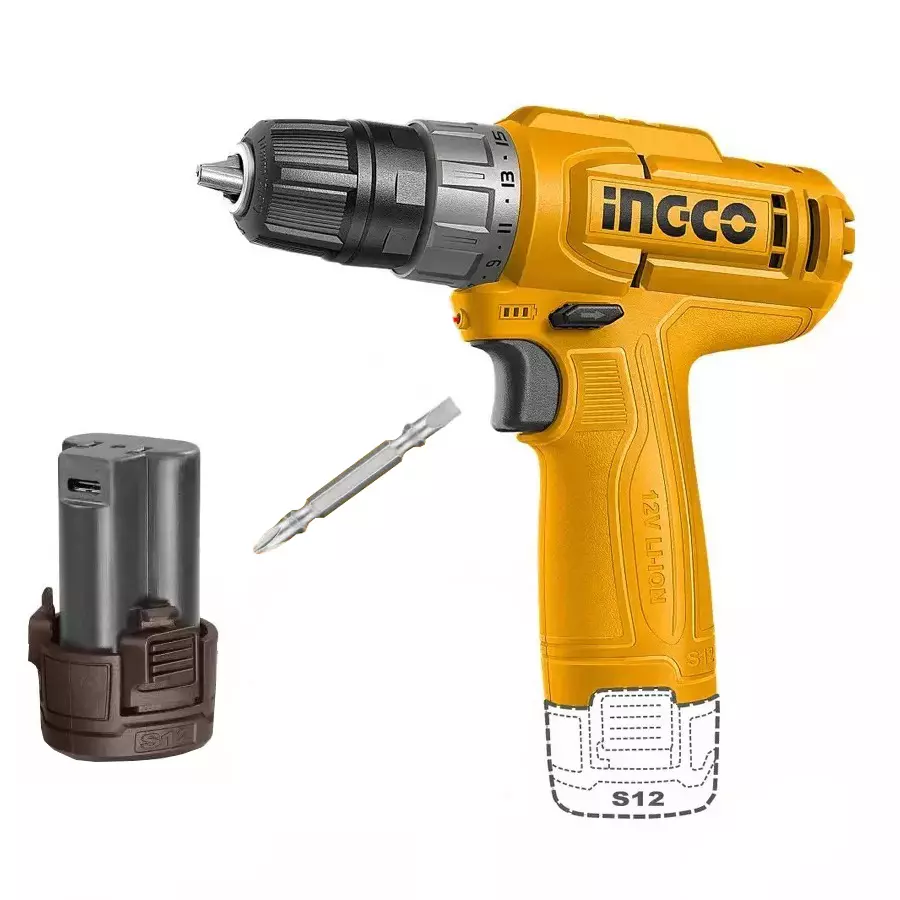 Ingco Cordless Drill 12 V, 10 mm Chuck Size and 750 RPM No Load Speed, CDLI12456 (With Battery, Without Charger)