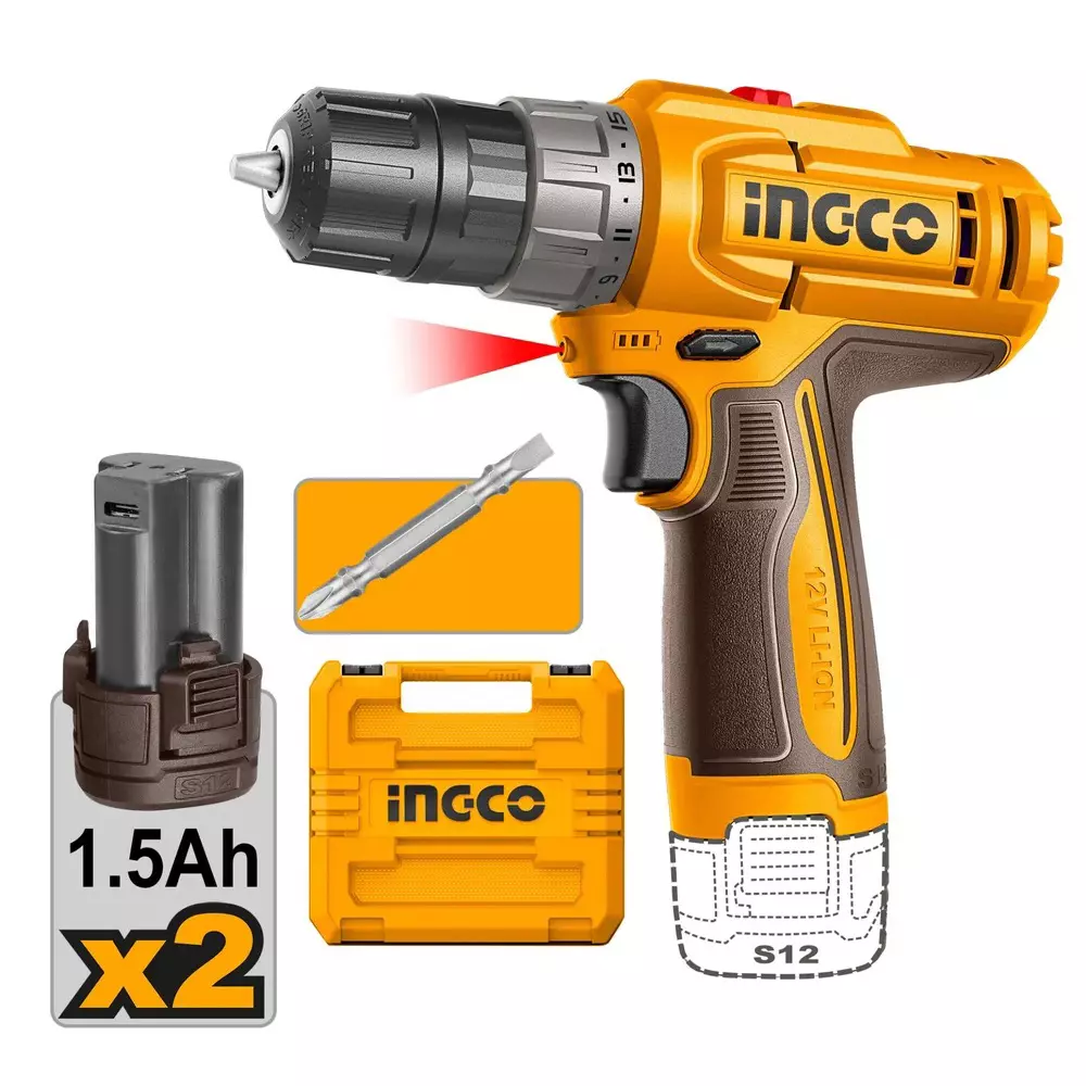 Ingco Cordless Drill 12 V, 10 mm Chuck Size and 1500 RPM No Load Speed, CDLI12206 (With Battery, Without Charger)