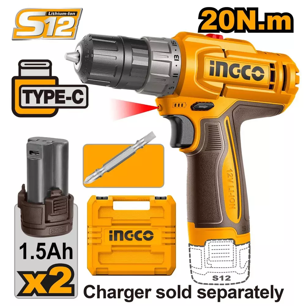 Ingco Cordless Drill 12 V, 10 mm Chuck Size and 1500 RPM No Load Speed, CDLI12206 (With Battery, Without Charger)