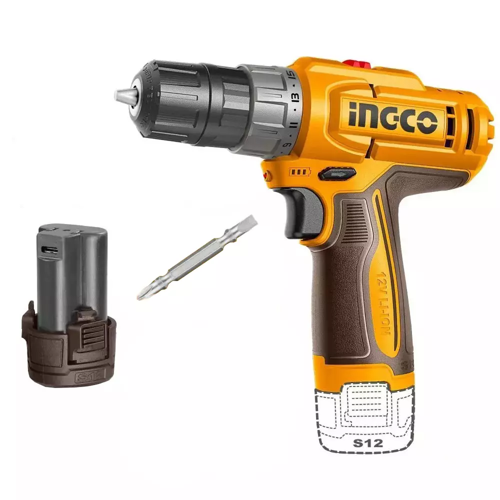 Ingco Cordless Drill 12 V, 10 mm Chuck Size and 1500 RPM No Load Speed, CDLI12206 (With Battery, Without Charger)