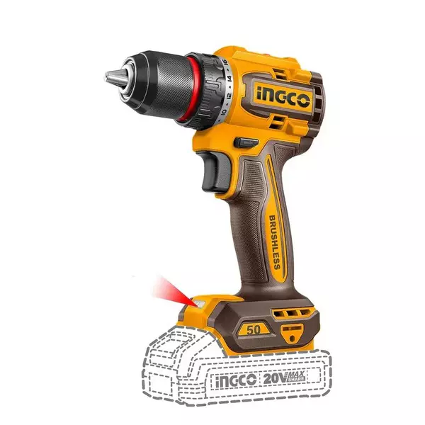 Ingco Compact Brushless Cordless Drill 0-500/0-2000 RPM Speed 50 Nm Maximum Torque Brushless Motor 13 mm Chuck, CDLI205062 (with Battery)
