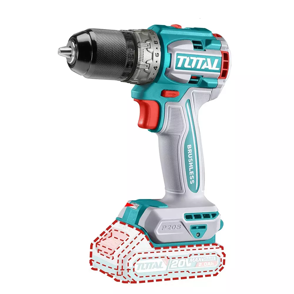 Total Brushless Cordless Drill 20 V 60 Nm 2 Speed 0-2000 RPM 13 mm, TDLI20602 (With Battery & Charger)