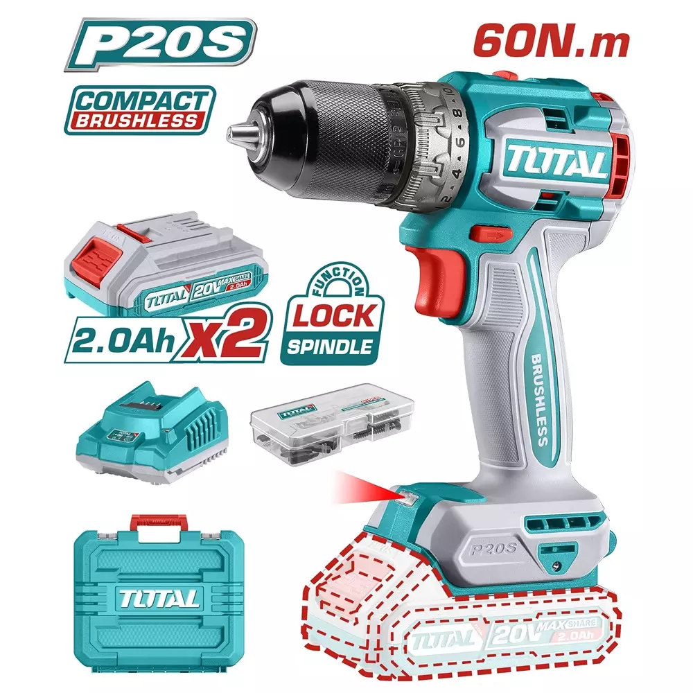 total-brushless-cordless-drill-20-v-60-nm-2-speed-0-2000-rpm-13-mm-tdli20602-with-battery-charger