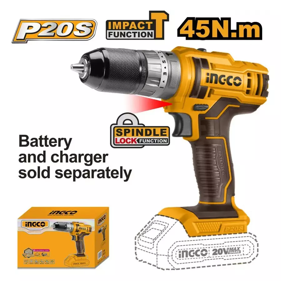 Ingco Cordless Impact Drill with Drill Bits, 10 mm Chuck Size 20 V Battery Powered and 1500 RPM, CIDLI201455 (Without Battery and Charger)