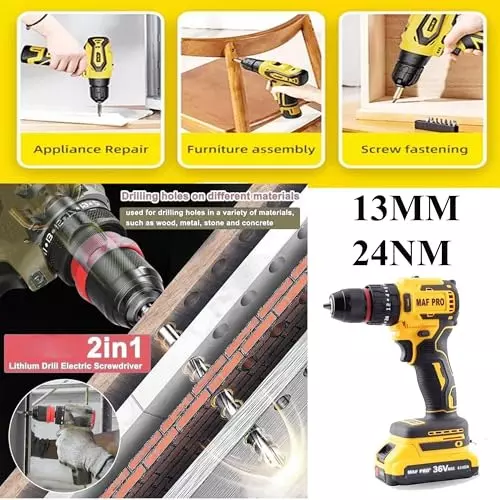 Malfah Enterprises Cordless Impact Drill 4 Ah Lithium Battery 24 NM Torque Yellow & Black, CIDLI3600