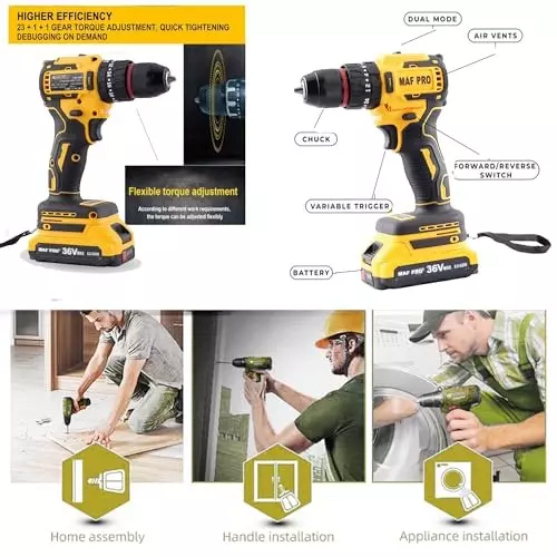 Malfah Enterprises Cordless Impact Drill 4 Ah Lithium Battery 24 NM Torque Yellow & Black, CIDLI3600