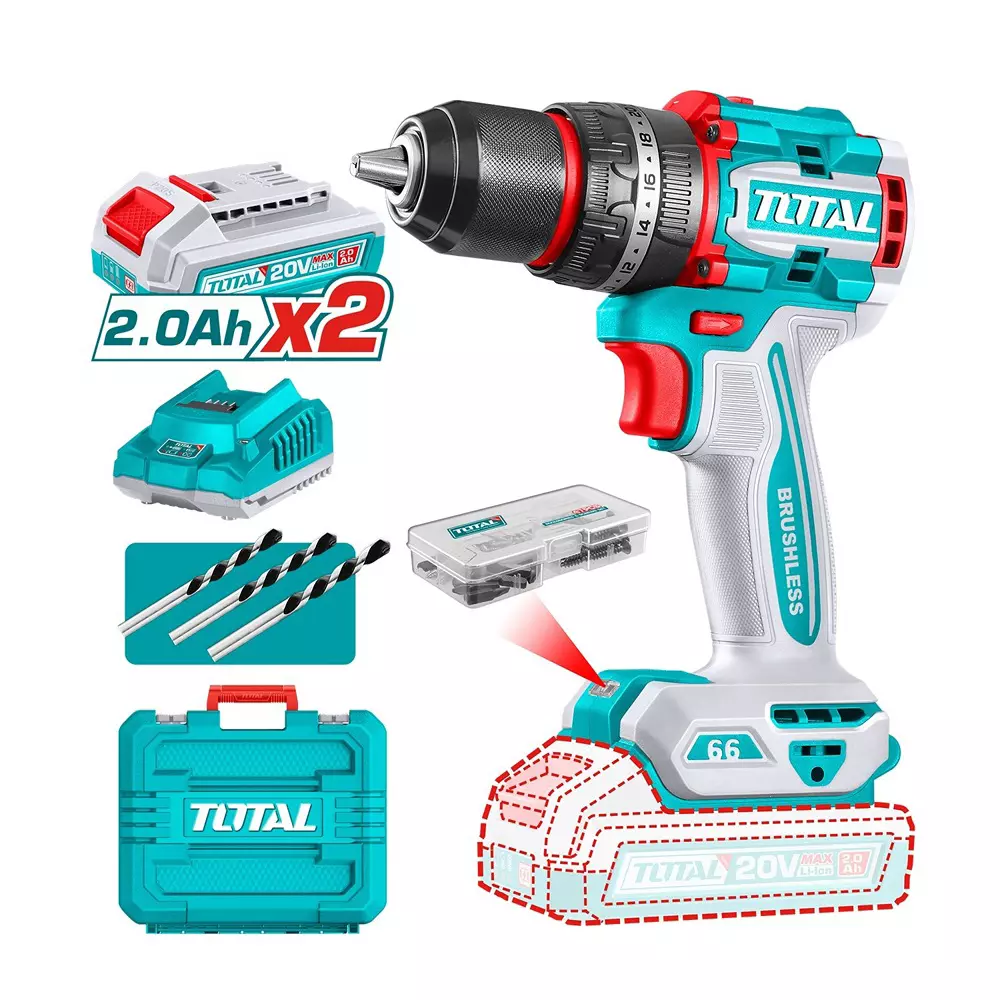 Total Compact Brushless Cordless Impact Drill with Kit 20 V 13 mm Chuck Size 30000 bpm and 66 Nm Torque, TIDLI20668