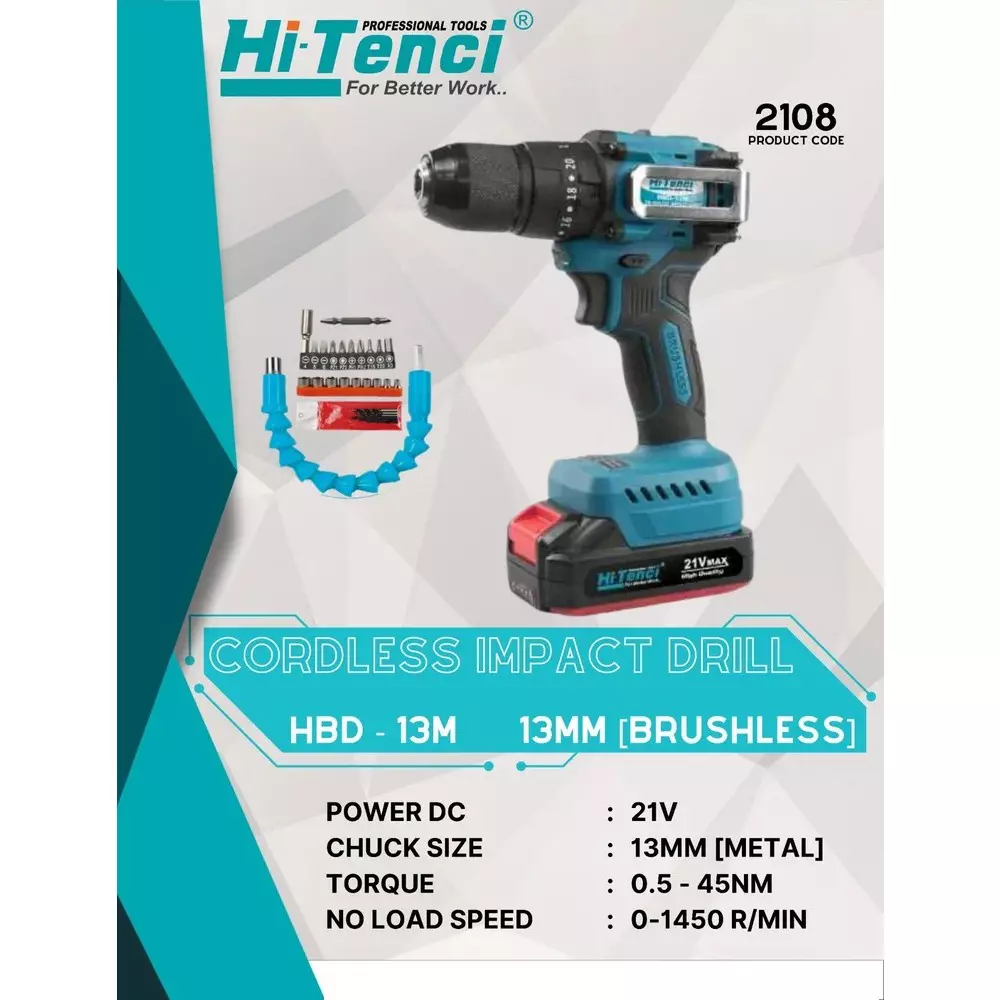 hi-tenci-21-v-cordless-impact-drill-with-1450-rpm-no-load-speed-and-13-mm-chuck-size-hbd--13m-without-battery-charger