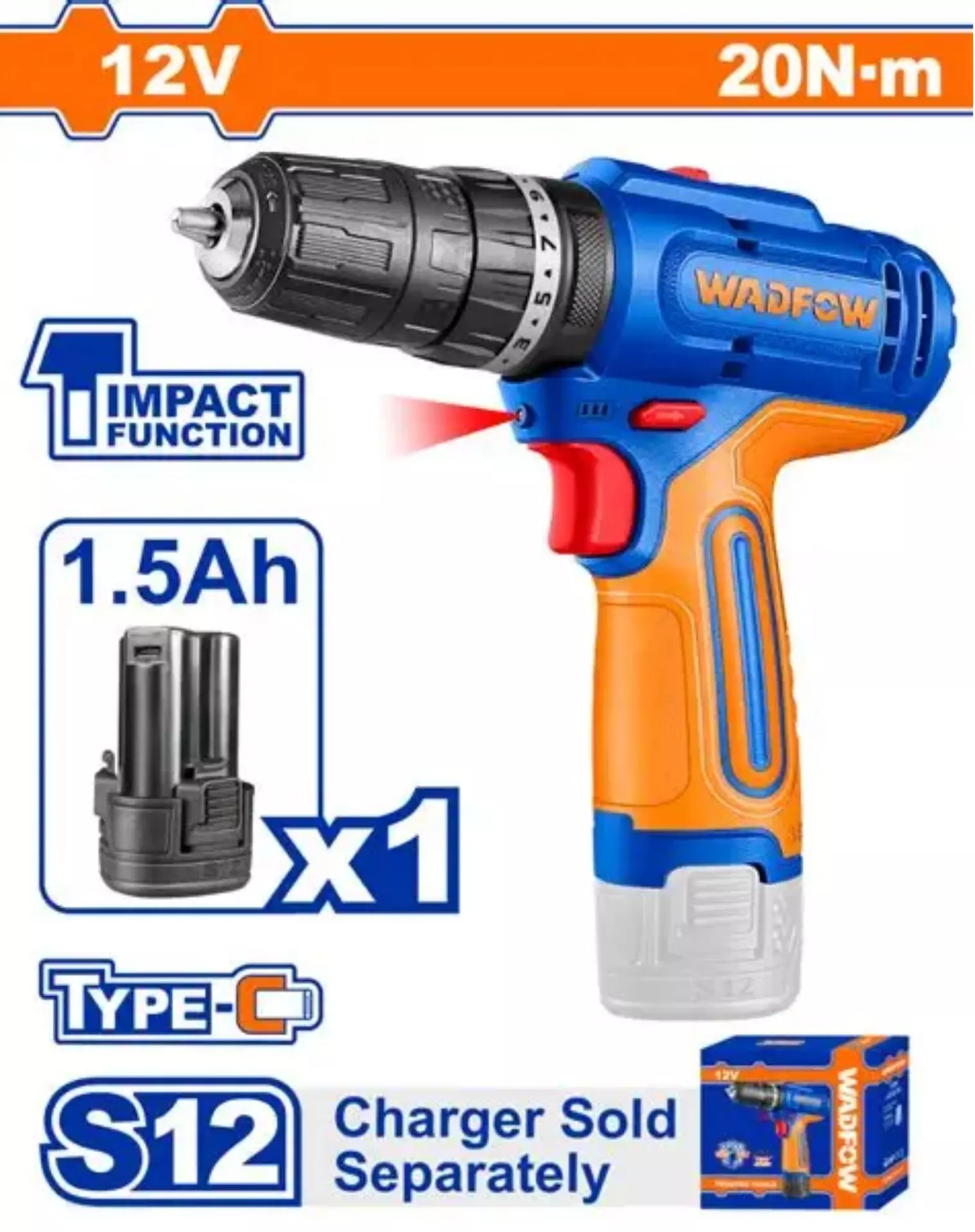 wadfow-cordless-impact-drill-08-mm--10-mm-chuck-size-0-4000-1500-rpm-no-load-speed-18-1-1-torque-setting-20-nm-max-torque-wcds5681