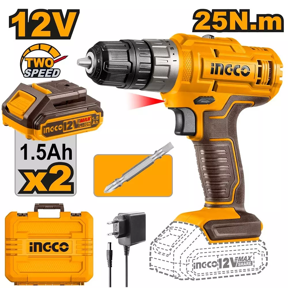 Ingco Cordless Drill 0.8-10 mm Chuck Size 12 V and 1500 RPM, CDLI1228