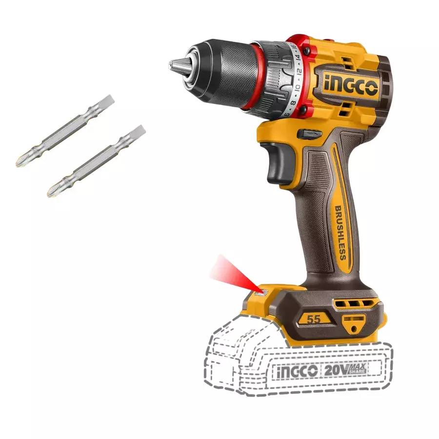 Ingco Cordless Drill with 2 Pcs Cr-V Bits, 13 mm Chuck Size, 20 V and 2000 RPM, CDLI205581 (Without Battery and Charger)