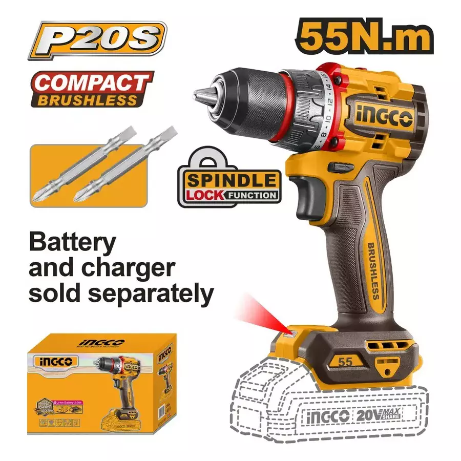 Ingco Cordless Drill with 2 Pcs Cr-V Bits, 13 mm Chuck Size, 20 V and 2000 RPM, CDLI205581 (Without Battery and Charger)