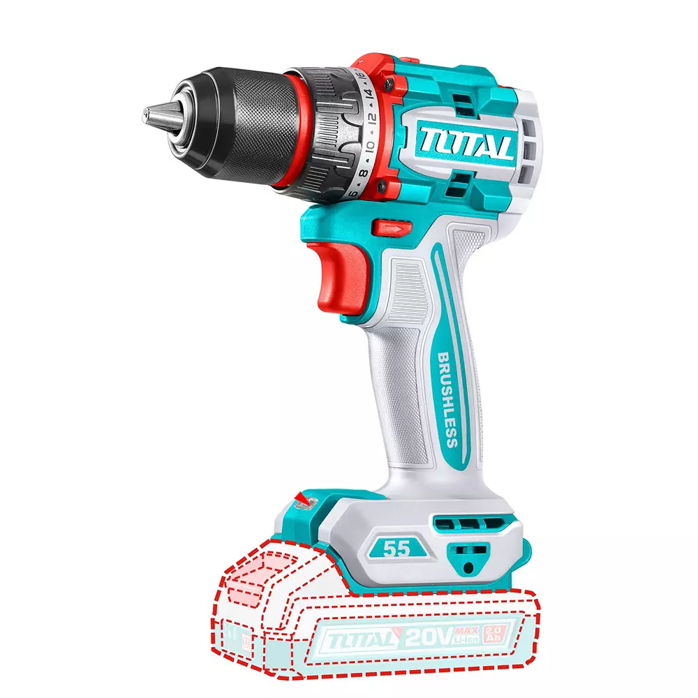 Total Brushless Cordless Drill 20 V 55 Nm 2 Speed 0-2000 RPM 13 mm Metal Chuck, TDLI205582 (With Battery & Charger)