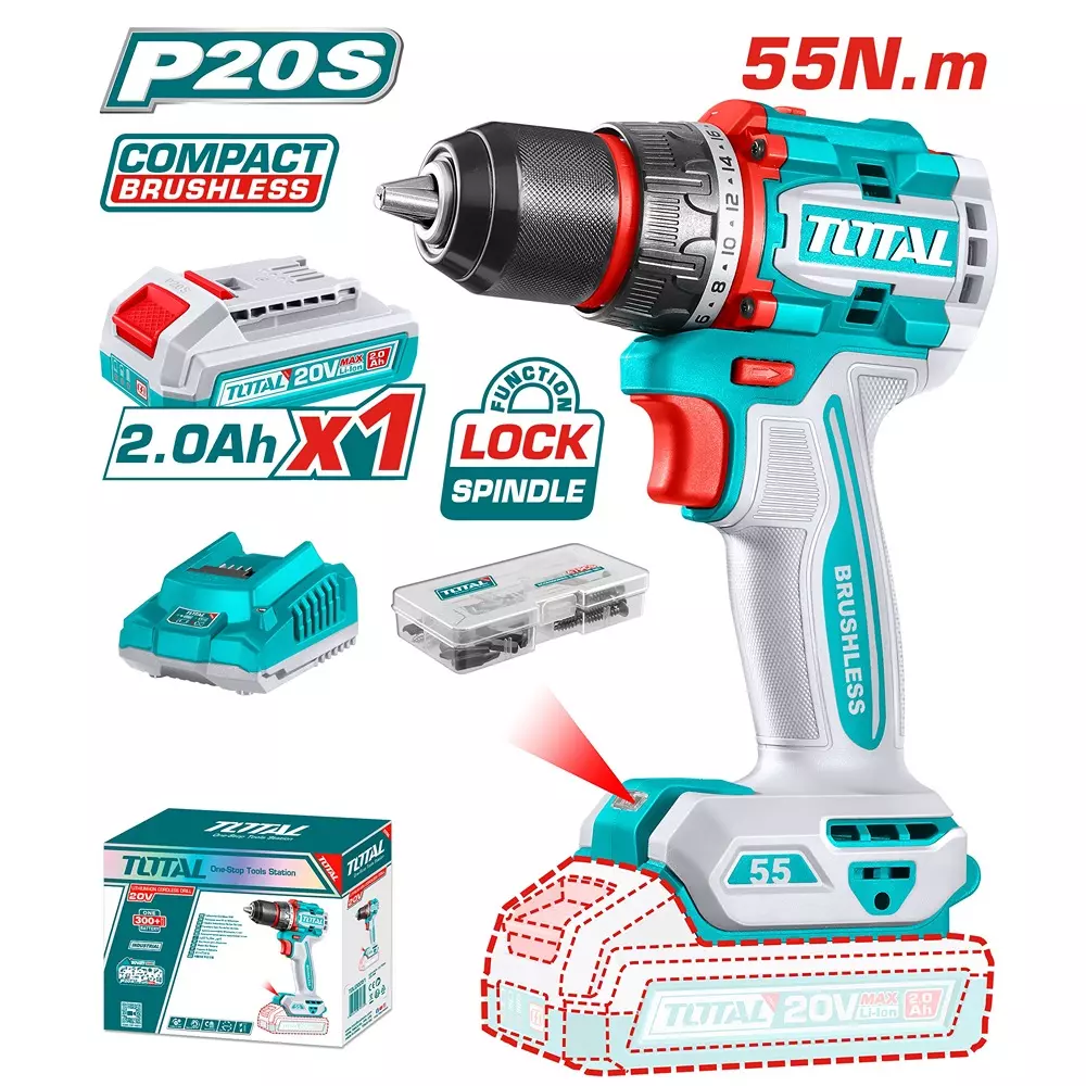 total-brushless-cordless-drill-20-v-55-nm-2-speed-0-2000-rpm-13-mm-metal-chuck-tdli205582-with-battery-charger