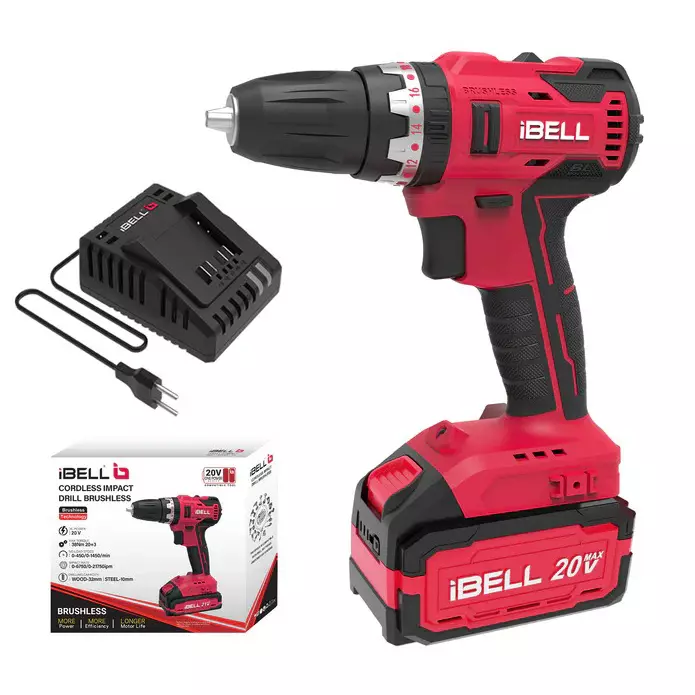 IBELL 10 mm (3/8 inch) 20 V DC 1450 RPM Brushless Cordless Impact Drill With 4 Ah Battery and Charger, BD20-38