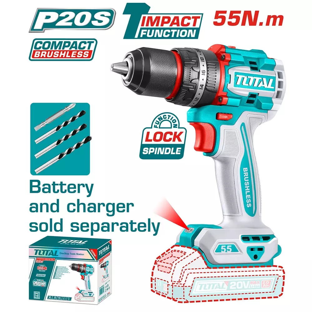 total-brushless-cordless-impact-drill-20-v-55-nm-2-speed-30000-bpm-13-mm-chuck-compact-tidli205581-without-battery-charger