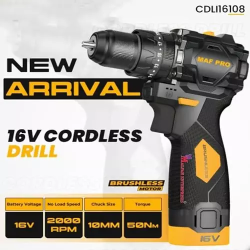 Malfah Enterprises Cordless Impact Drill 4 Ah Lithium Battery 50 NM Torque Yellow & Black, CIDLI16108