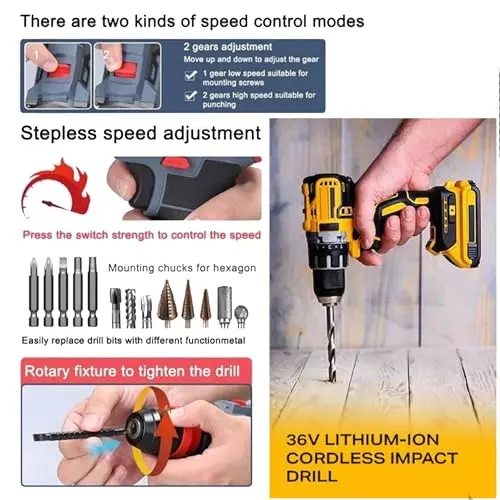 Malfah Enterprises Cordless Impact Drill 4 Ah Lithium Battery 50 NM Torque Yellow & Black, CIDLI16108