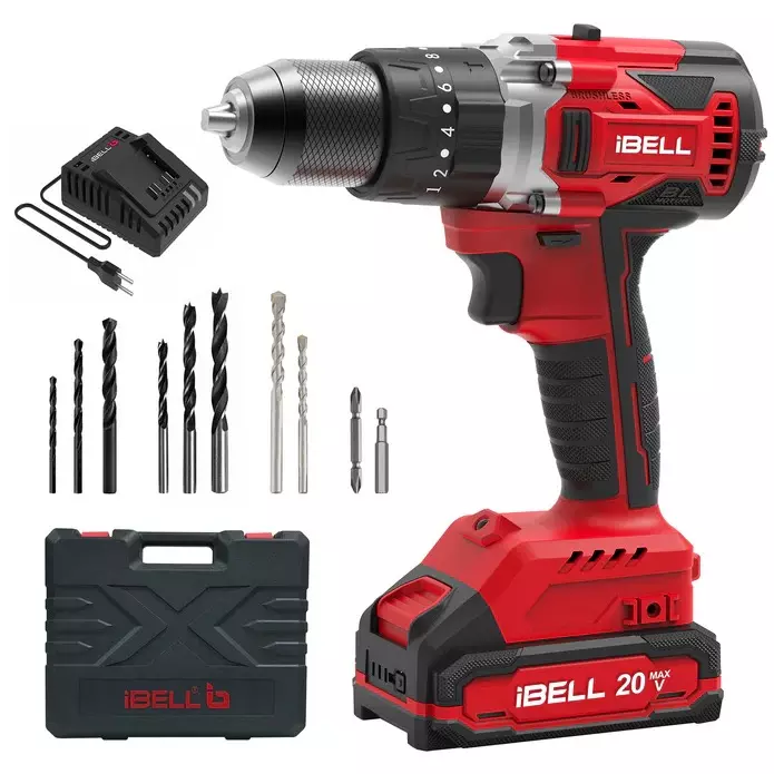 IBELL OPS Brushless Cordless Impact Drill with 2 Ah Battery & Charger in BMC Box 13 mm 20 V 0-450/0-1750 RPM, BD20-80