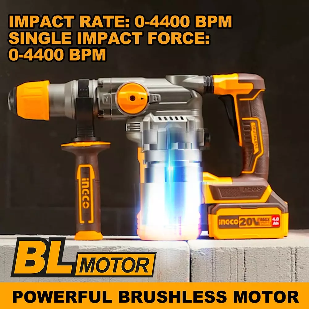Ingco Cordless Hammer Drill SDS Plus Chuck 4.5 J Impact Energy and 0-4400 BPM Impact Rate, CRHLI202882