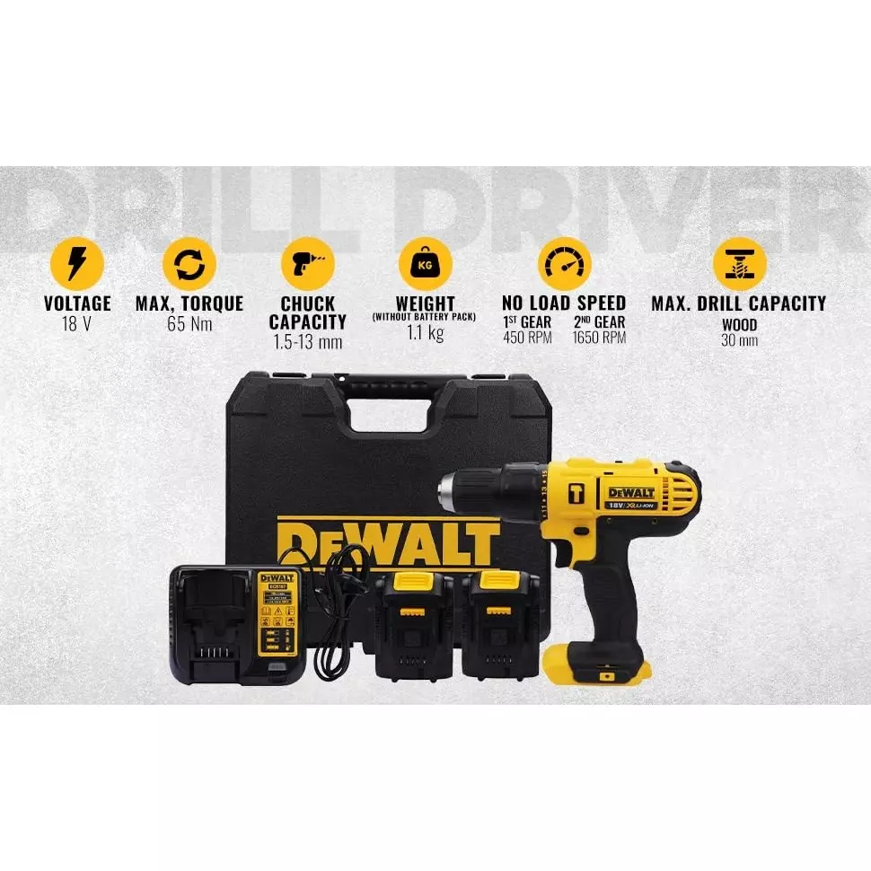 dewalt-cordless-hammer-drill-kit-with-18-v-xr-li-ion-battery-0-4501500-rpm-and-13-mm-drilling-capacity-in-metal-dcd776d2t-with-2-batteries-1-charger