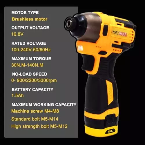 MECRAAF Brushless Impact Driver with Battery & Charger 16.8 V 3-Speed Variable 140 Nm Torque SD-16V HS