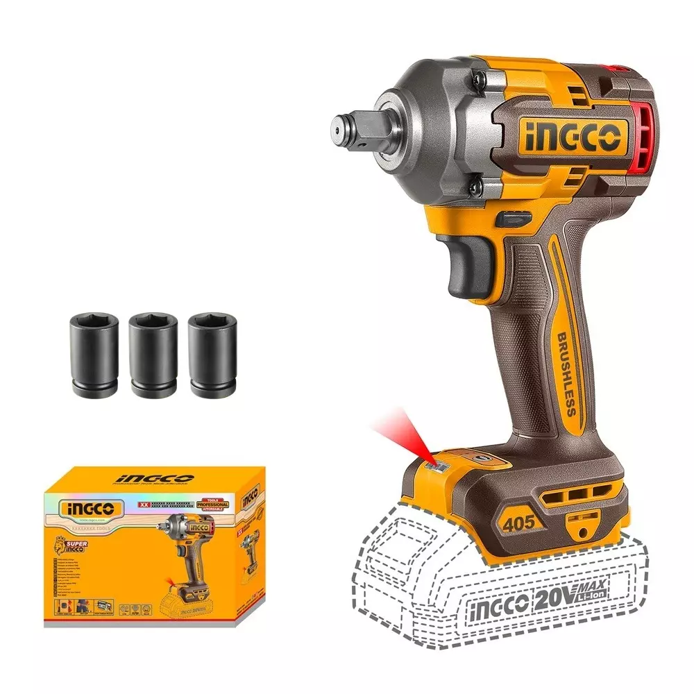 Ingco Cordless Impact Wrench 20 V Brushless Motor 0-1800/0-2000/0-2400 RPM No Load Speed, CIWLI20451 (Without Battery & Charger)