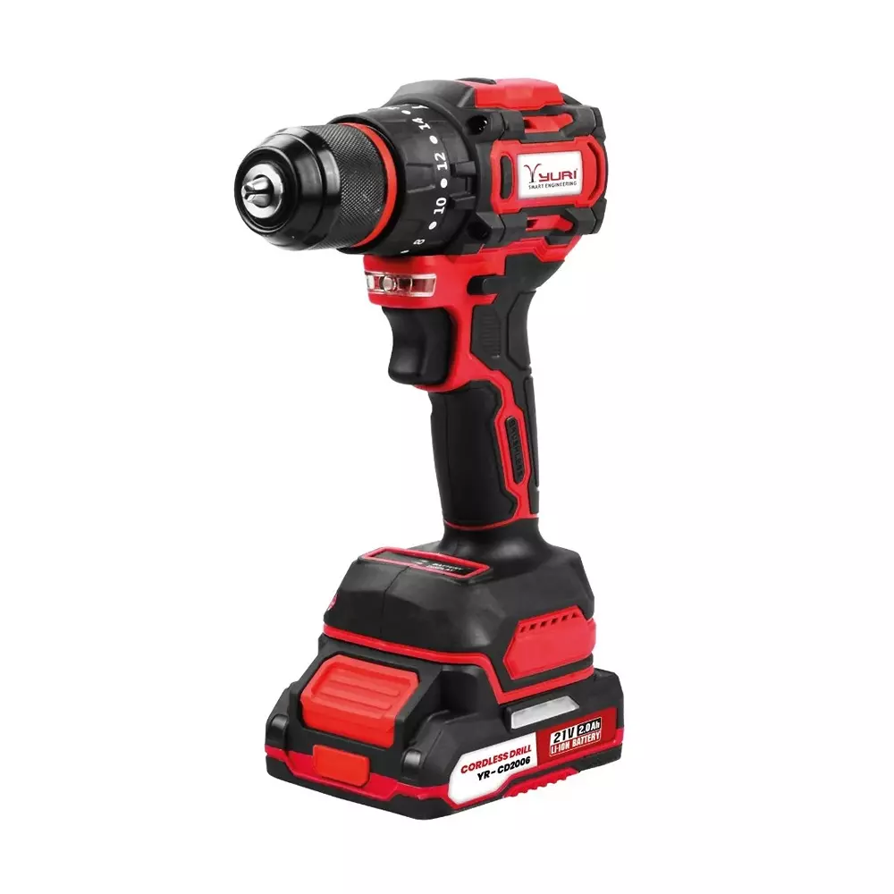 YURI Cordless Impact Drill 21 V, 2.0 Ah Battery 45 N.m Maximum Torque 13 mm Chuck Size, YR-CD2006 (With Battery & Charger)