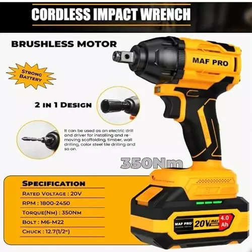 Malfah Enterprises Cordless Impact Wrench 350 NM Brushless Motor 4 Ah Lithium Battery Yellow & Black, CIWLI3502