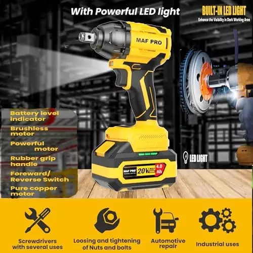 Malfah Enterprises Cordless Impact Wrench 350 NM Brushless Motor 4 Ah Lithium Battery Yellow & Black, CIWLI3502