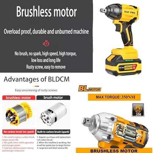 Malfah Enterprises Cordless Impact Wrench 350 NM Brushless Motor 4 Ah Lithium Battery Yellow & Black, CIWLI3502