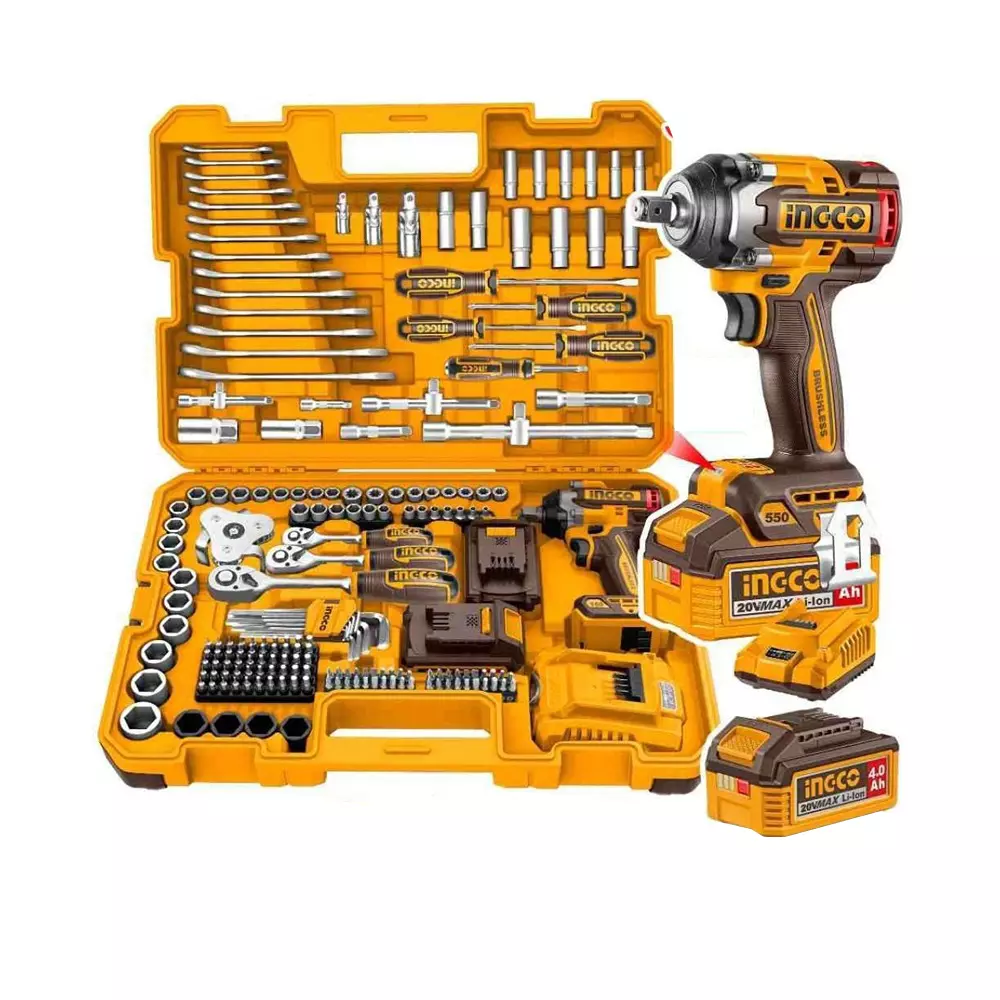 Ingco 172 Pcs Cordless Impact Wrench Tools Set 4.0 Ah Battery Capacity 550 Nm Torqure Brushless Motor, HKTHP41723 (with Battery)